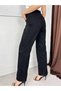 Women's Black High Waist Lace Ribbon Detailed Denim Straight Leg Long Trousers - 3