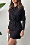 Women's Black Hooded Mini Sweatshirt Dress with Elastic Waist Long Sleeves Plain - 4