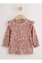 Girl's Crinkle Shoulder Ruffle Detailed Floral Patterned Long Sleeve Blouse Burgundy - 3