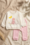 Aura Bloom Rabbit Patterned Cream Sweatshirt and Polka Dot Pink Trousers 2-Piece Baby Set - 100% Cotton - 6