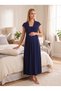 New Season Navy Blue Lace Detailed Special Design Short Sleeve 100% Cotton Maternity Nightgown with Breastfeeding Feature