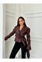 Belted Burgundy Zipperless Short Women's Faux Leather Jacket - 2