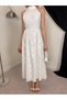 Women's White Halter Neck Floral Embroidered Flared Midi Dress - 2