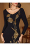 Black Beaded Sequin Flared Maxi Dress - 5