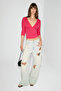 Calyra Women's Stretchy Fabric V-Neck Front Gathered and Long Sleeve Fuchsia Blouse - 4