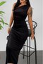 Women's One-Shoulder Low-Cut Detail Long Velvet Dress - 4