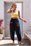 Black Embroidered Pocketed Elastic Waist Shalwar Leg Casual Linen Look Woven Trousers 90 68 - 4