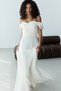 Ecru Strapless Boat Neck Long Flared Lace Evening Dress - 6