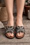 Women's Tan Stone Bead Embroidered Cork Sole Authentic Ethnic Beach Slippers - 3