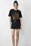 Women's Stone Printed Leopard Pattern Crew Neck Regular Fit t Shirt Black - 3