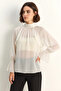 Women's Ruffle Detailed High Neck Shiny Chiffon Ecru Blouse - 2