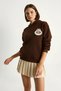 Women's Embroidered Hooded Kangaroo Pocket Brown Sweatshirt - 4