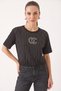 Women's Crew Neck Short Sleeve Beaded Stone Printed Loose t Shirt Black - 2