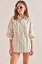 Women's Striped Double Pocket Linen Beige Green Shirt - 7
