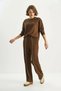 Women's Crew Neck Long Sleeve Top with Elastic Waist, Loose Bottom with Piping Detail, Modal Brown Set - 3