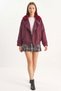 Women's Elastic Waist, Pocket Detail, Detachable Fur Collar, Lined Short Trench Coat, Burgundy - 3