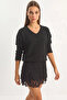 Women's Self-Textured V-Neck Black Sweater - 3