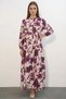 Women's High Collar Gathered Waist Floral Patterned Viscose Dark Pink Hijab Dress - 2