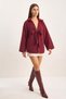Women's Shirt Collar Tie Detail Faded Cashmere Burgundy Coat - 3