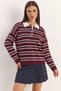 Women's Polo Collar Striped Knitwear Burgundy Sweater - 4