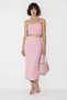 Women's Strapless Wrinkled Crop Blouse High Waist Midi Pencil Pink Skirt Set