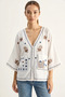 Women's Embroidered Pocket Detailed V-Neck Muslin White Shirt