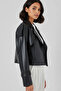 Women's Oversize Leather Coat Jacket 1323 - Black - 3