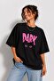 Women's Oversize 100% Cotton Basic Comfortable Fit Cat Dark Printed T-Shirt - Black