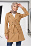 Women's Degaje Collar Half-Length Hijab Lined Belted Water Repellent Fabric Trench Coat Camel - 3