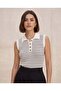 Women's Striped Polo Collar Buttoned Sleeveless Knitwear Blouse - 3
