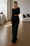 Women's Long Sleeve Ruffle Detail Crop Blouse and Wide Leg Soft Textured Comfy Casual Pajama Set - 4