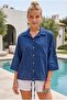 Dark Blue Shirt Collar Short Sleeve Buttoned Mesh Pocket Belted Waist Embroidered Cotton Woven Jacket 53 60 - 7
