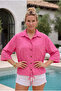 Pink Shirt Collar Short Sleeve Buttoned Mesh Pocket Belted Waist Embroidered Cotton Woven Jacket 53 60 - 4