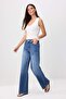 Premium Orta Mavi Özel Kumaş DÖKÜMLÜ Yüksek Bel %100 Pamuk Wide Leg Jeans TWOSS26JE00136