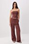 Brown Linen Look Strapless Blouse Elasticated Trousers Woven Bottom - Top Set Twoss26Au00099