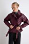 Bordo Regular Kalıp Kuşaklı Suni Deri Mont TWOSS26MO00001 - 2