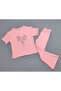 Girl's Stoned Bow Detailed Ribbed Spanish Style Pants 2-Piece Top and Bottom Set - 2