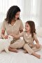 Women's Tiny Flowers Patterned Ribbed V-Neck Short Sleeve Under-Long Cool Viscose Camisole Pajama Set