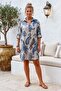 Italian Blue-Beige Shirt Collar 3/4 Sleeve Shawl Patterned Pocket Casual Linen Look Woven Dress 93 64 - 3