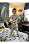 Boys' Cotton Summer Thin Fabric Gray Bat Pattern Short Sleeve Shorts Summer Pajama Set
