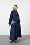 Navy blue women's tencel fabric skirt with belt detail, flowy textured jacket and skirt set. - 3
