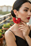 Silver Color Hoop Earrings – Red Black Polka Dot Tulle Fabric Beaded Design - 8