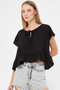 Women's Black Bat Sleeve Collar Tie Skirt Ruffle Oversize Crop Blouse Arm-24Y001088 - 2