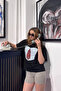 Plaid Tie Printed Relaxed Fit Black Women's Tshirt