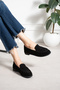 Women's Genuine Leather Oval Toe Moccasin Stitched Drawstring Loafer Casual Shoes Naty Black Suede - 3