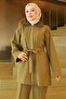 Collar Fur Detailed Suit Khaki 19385 - 2