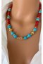 Natural Stone Blue Turquoise Stone and Red Coral Stone Fish Summer Spring Design Women's Necklace in Gift Box - 2