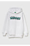 Boy's White Hooded Sweatshirt with Logo Print on the Front and Kangaroo Pocket