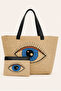 Evil Eye Bead Printed Leather Handle Straw Fabric Printed Beach Bag and Makeup Bag Set of Two