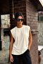 Women's Zero Sleeve Cream Crew Neck 100% Cotton Oversized Sleeveless Kejıl T-Shirt - 4